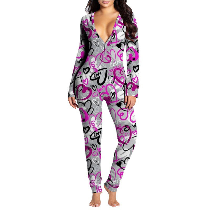 Women Sexy Heart Print V Neck Buttoned Flap Jumpsuit