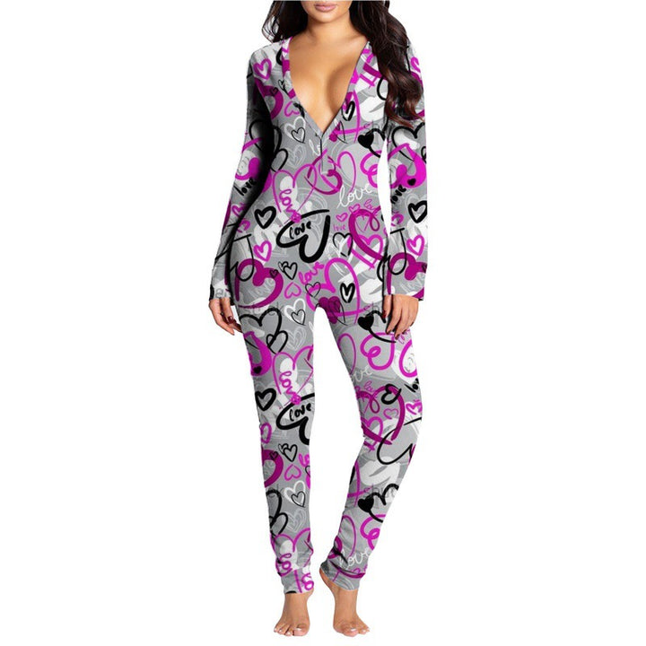 Women Sexy Heart Print V Neck Buttoned Flap Jumpsuit