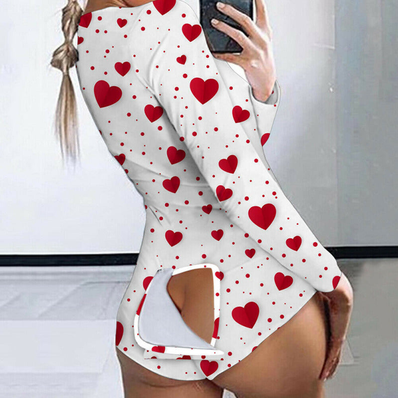 Sexy Women Jumpsuits Pajamas Ladies Back Butt Bum Open Button Flap Sexy Pyjamas