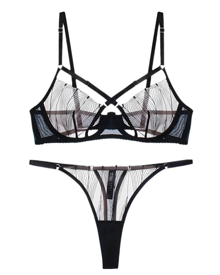 Sexy Sheer Embroidered Mesh Cutout Bra & Thong Lingerie Set