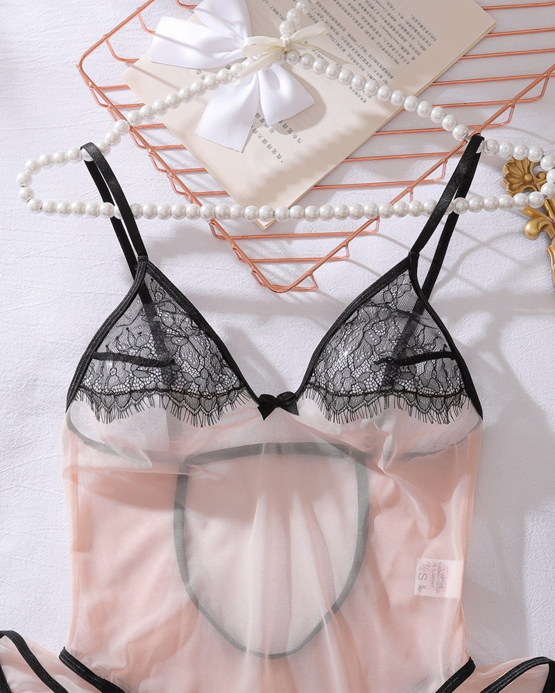 Sheer Lace Ruffle Bodysuit & Thigh-High Stockings Set