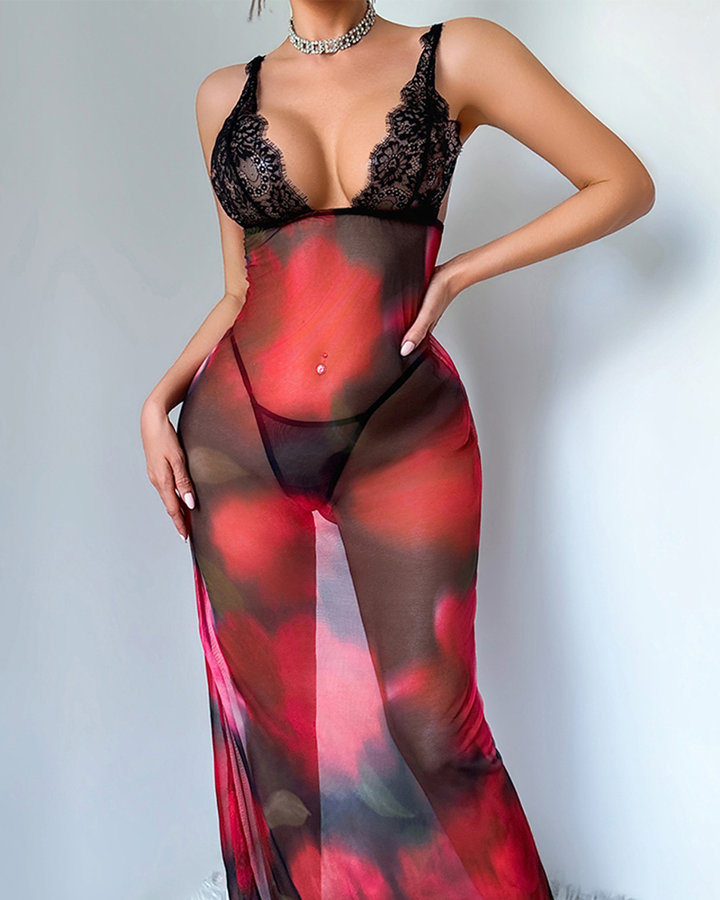Floral Sheer Mesh Lace Maxi Lingerie Set