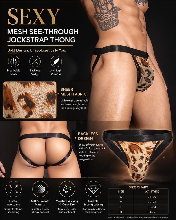 2-Pack Sexy Men's Leopard Print Sheer Mesh Cutout Thongs