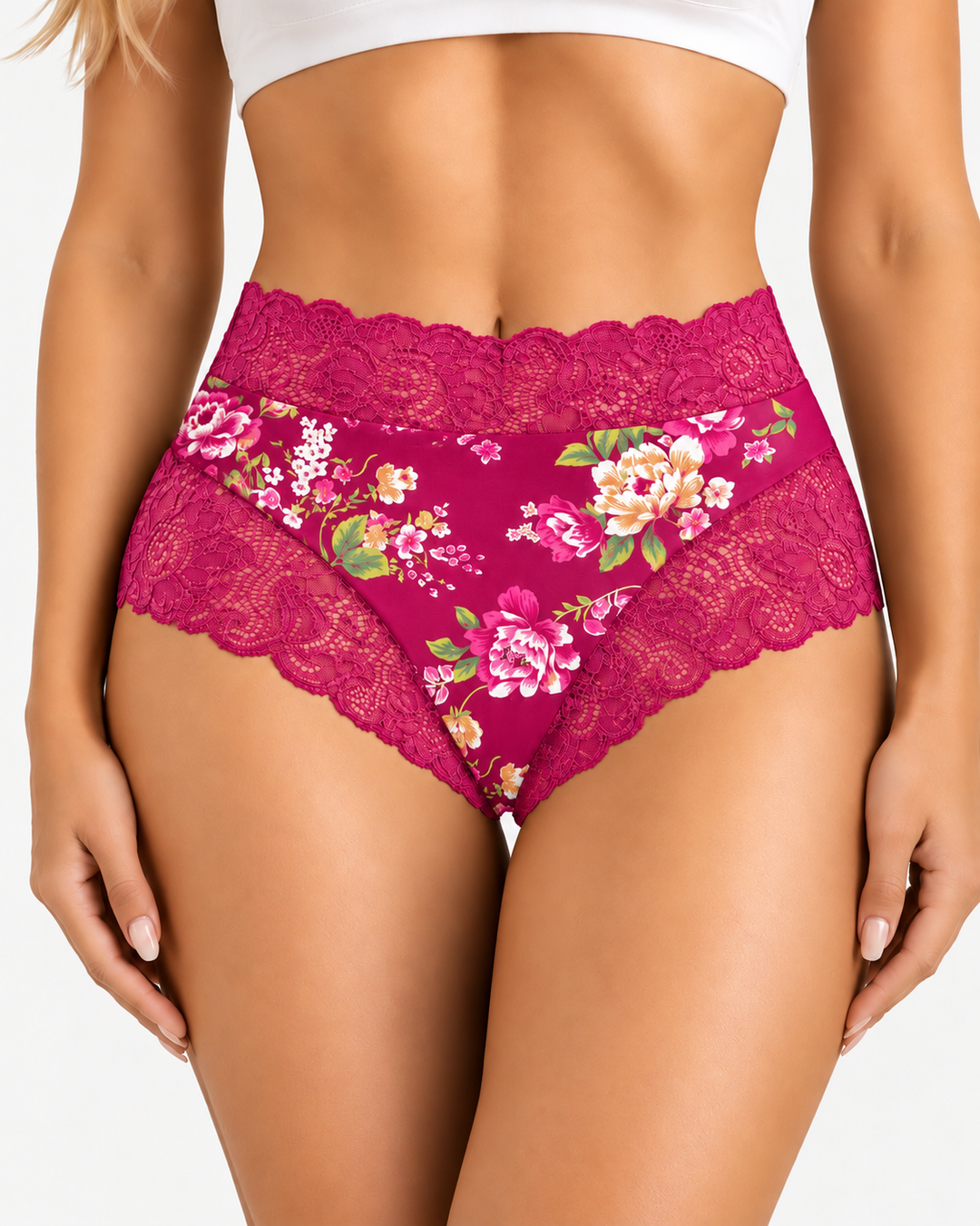 3-Pack High Waist Floral Print Lace Trim Panties