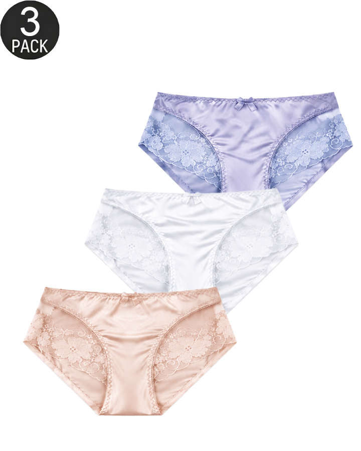 3-Pack Mixed-Color Satin-Look Briefs with Floral Lace Panels