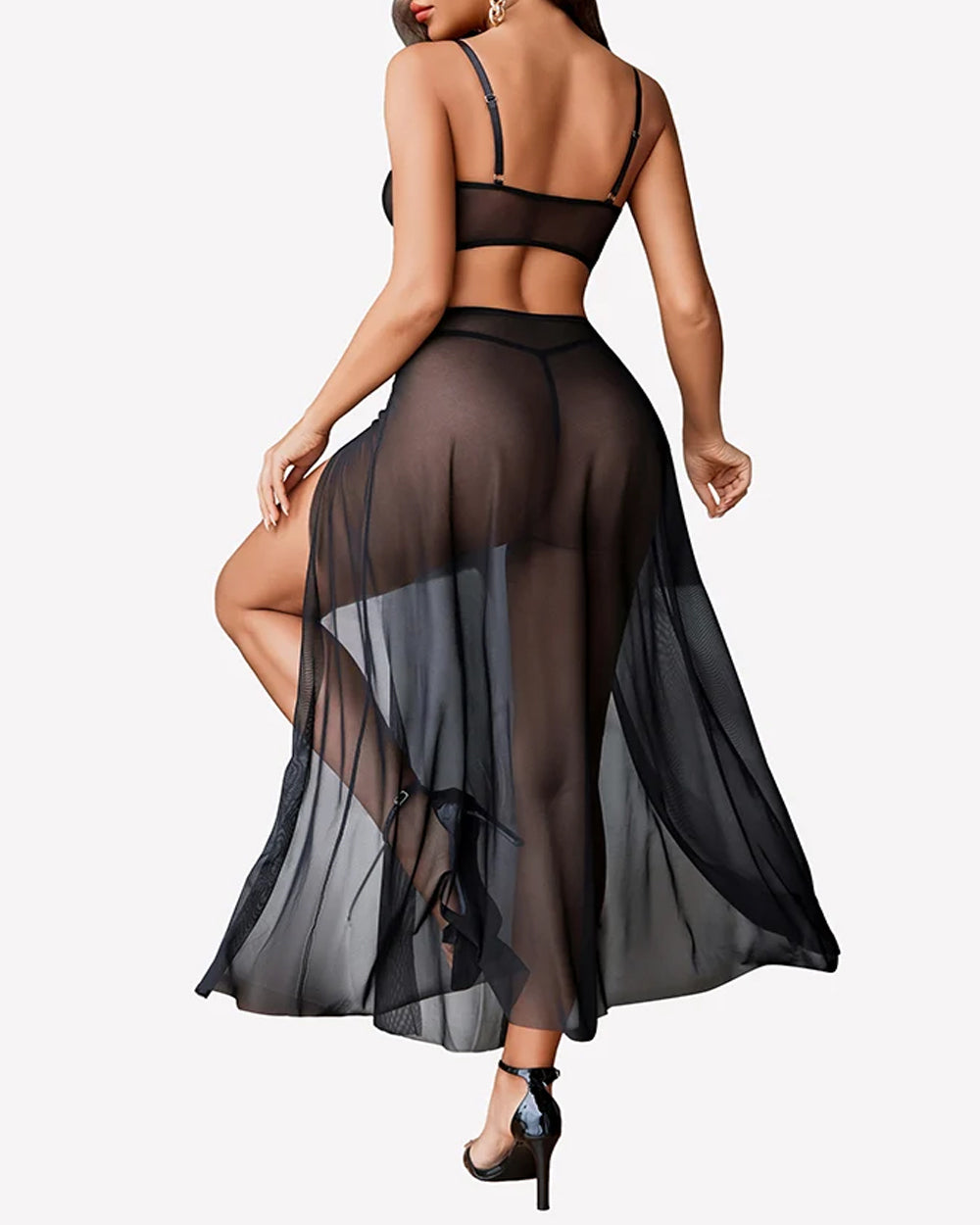 Sheer Mesh Bustier Top & High Slit Maxi Skirt Lingerie Set
