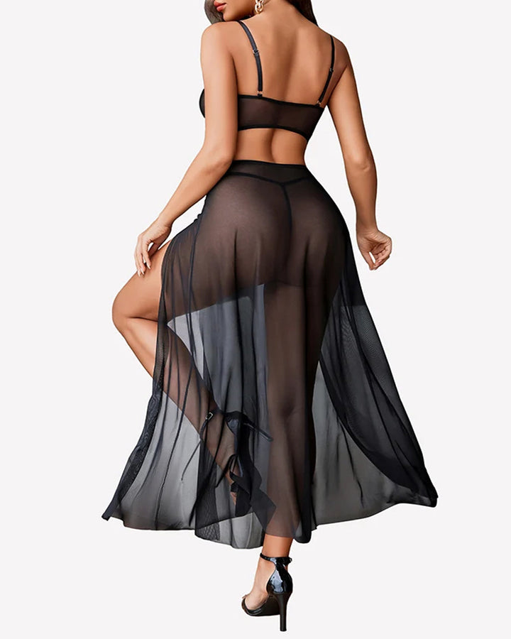 Sheer Mesh Bustier Top & High Slit Maxi Skirt Lingerie Set