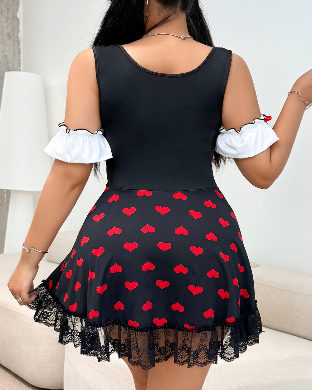 Heart Print Maid-Inspired Mini Dress with Lace Ruffles and Ribbon Lace-Up Detail