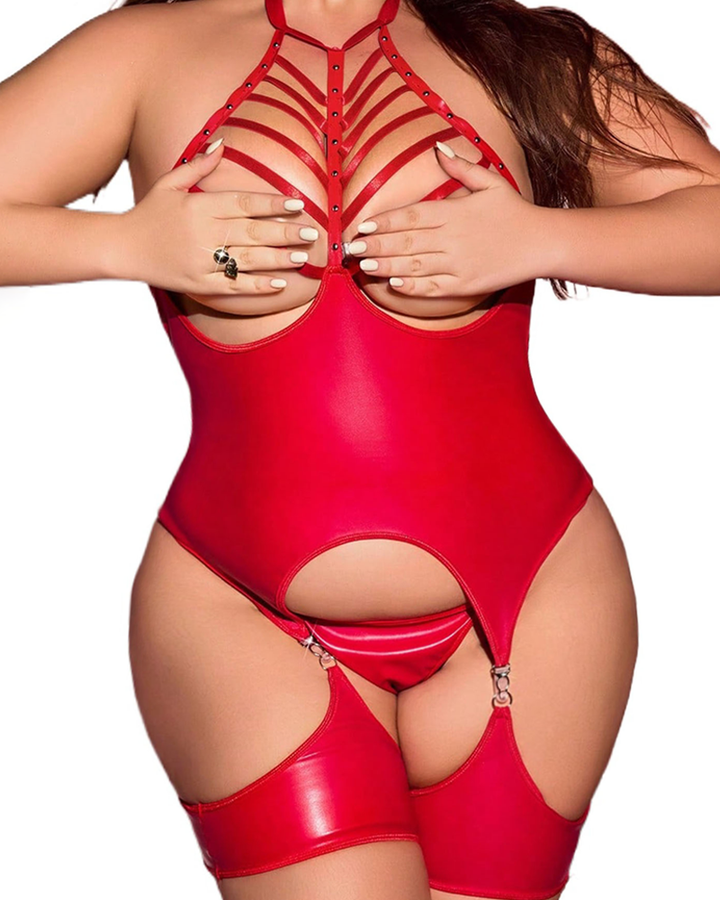 Plus Size Faux Leather Cutout Strappy Lingerie Set