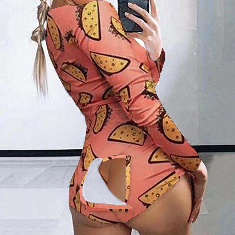 Sexy Women Jumpsuits Pajamas Ladies Back Butt Bum Open Button Flap Sexy Pyjamas