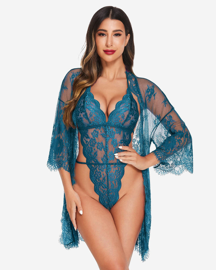 Teal lace robe and teddy set with V-neck teddy and sheer lace kimono sleeves