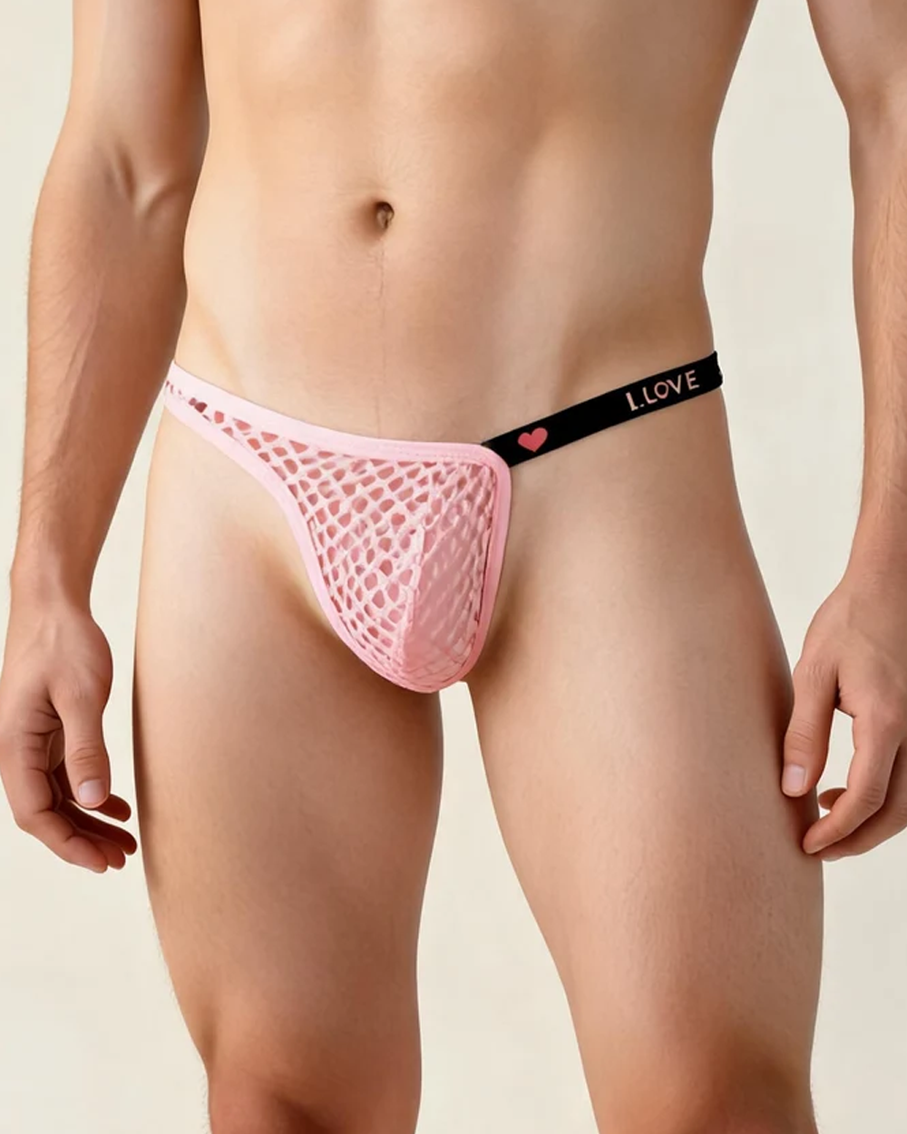 Men's Fishnet Thong with I LOVE Heart Print Waistband