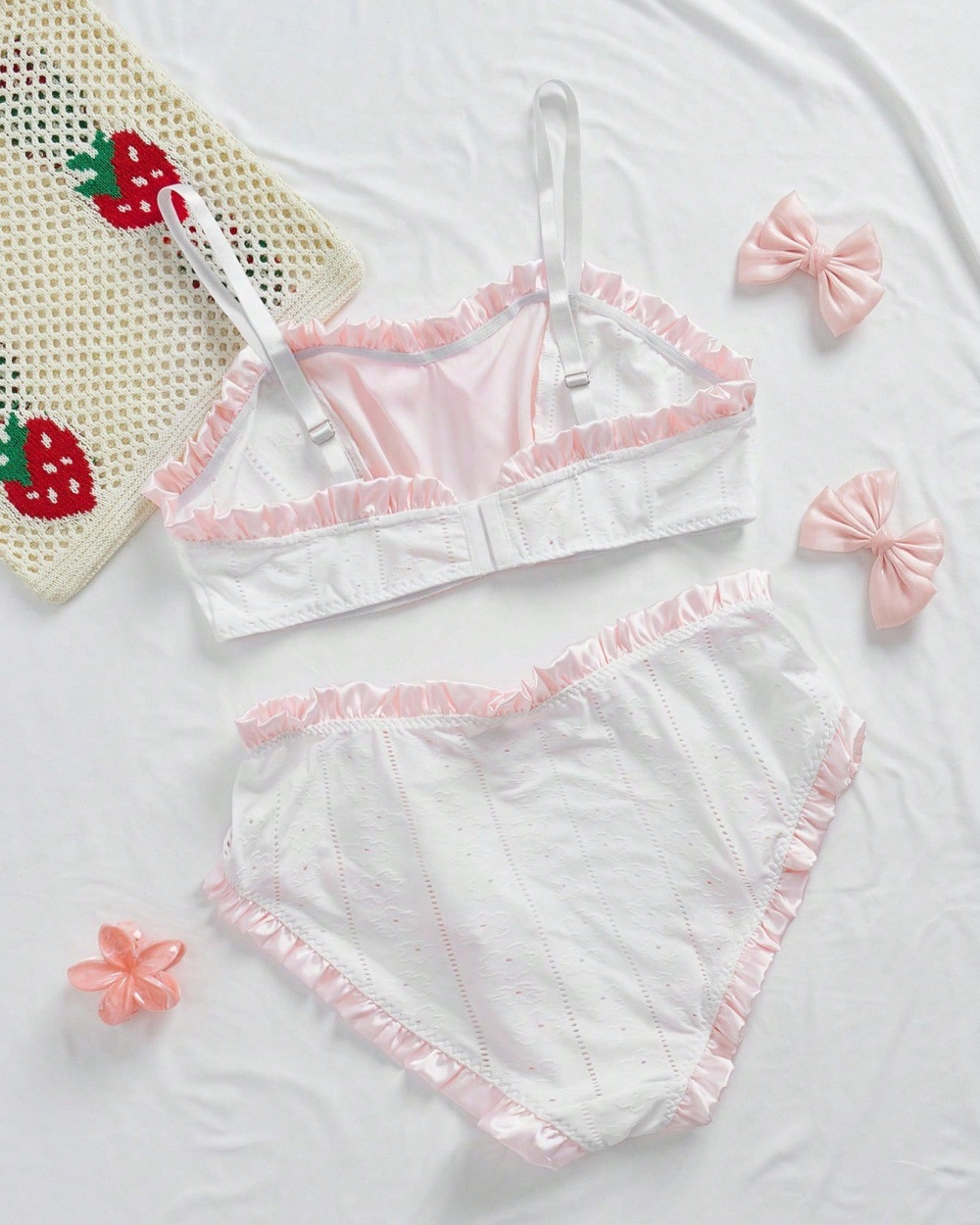 White Satin-Look Lingerie Set with Pink Ruffle Trim and Bow Details