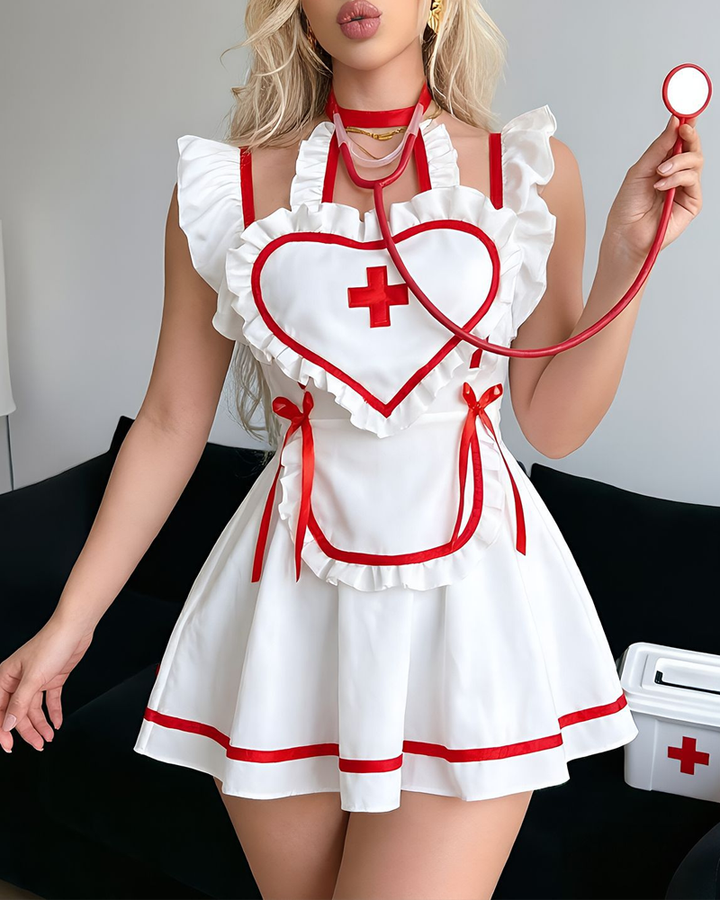 Nurse Costume Ruffle Mini Dress with Heart Apron