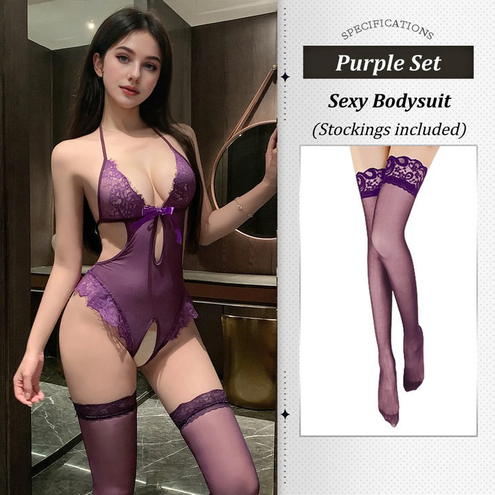 Sheer Lace Open-crotch Bodysuit
