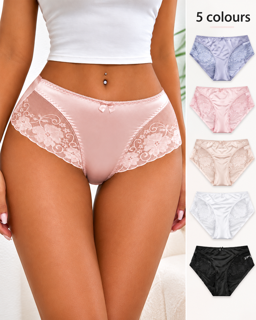 3-Pack Mixed-Color Satin-Look Briefs with Floral Lace Panels