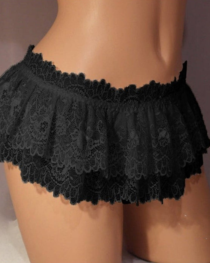 Ruffled Lace Open-Back Thong Panty with Bow Detail