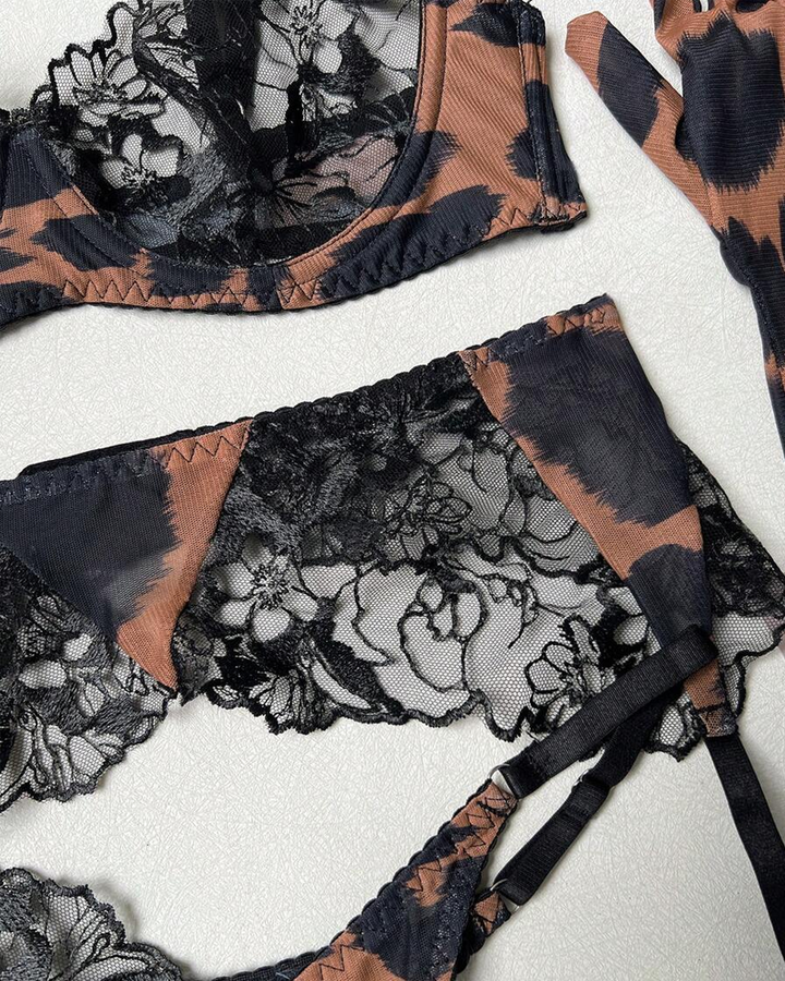Sexy Leopard Print Lace Garter Lingerie Set