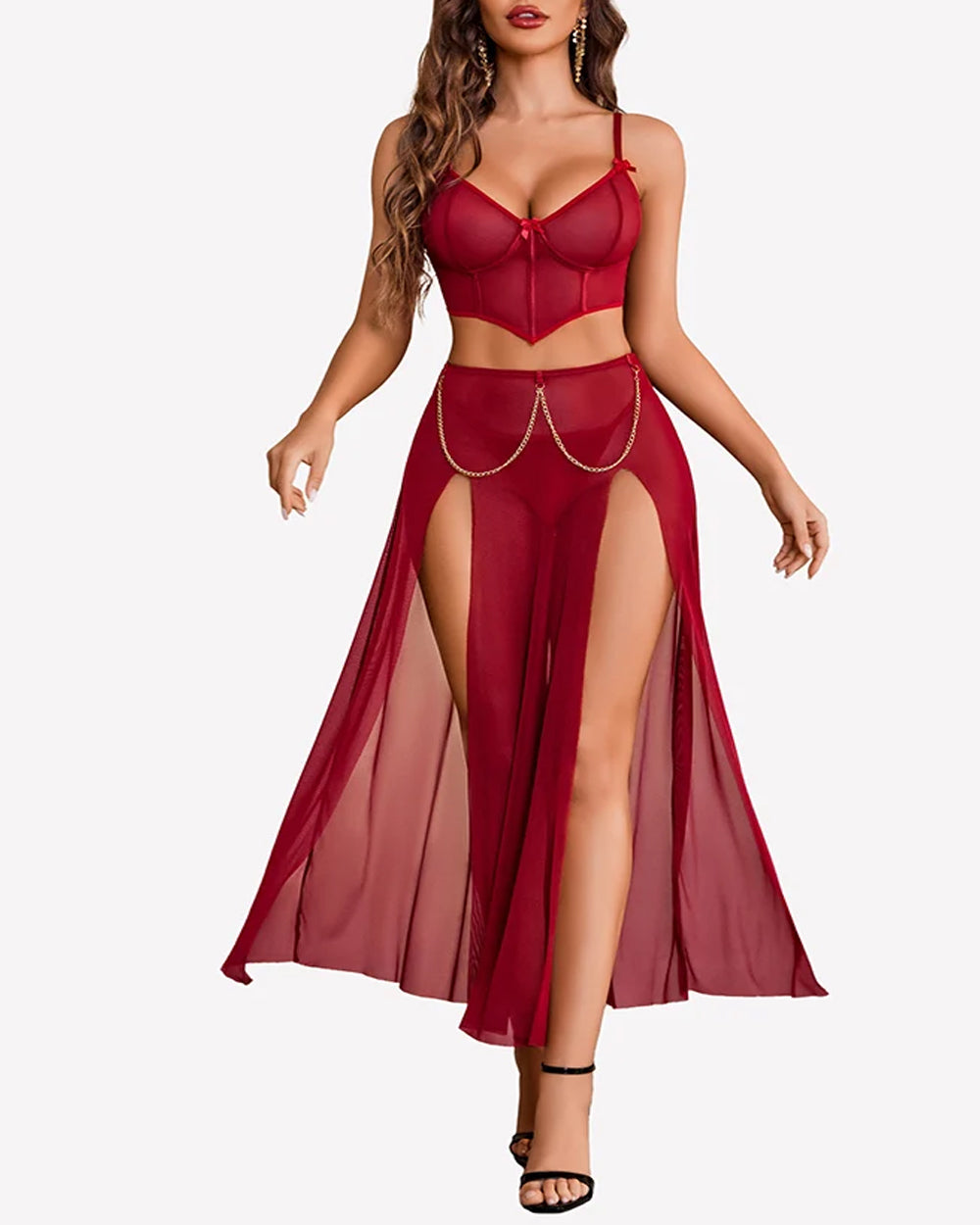 Sheer Mesh Bustier Top & High Slit Maxi Skirt Lingerie Set