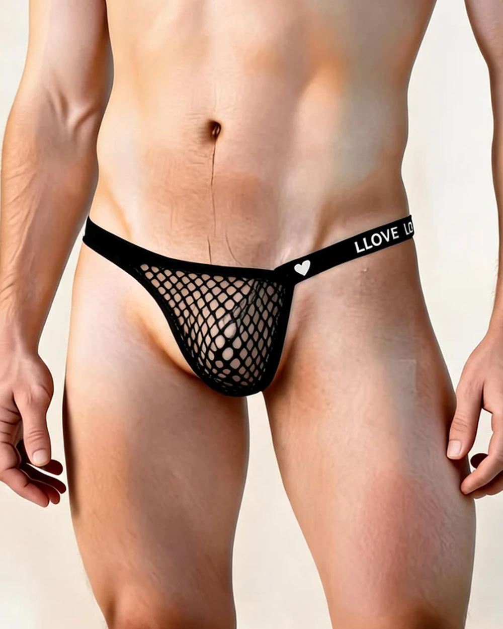 Men's Fishnet Thong with I LOVE Heart Print Waistband