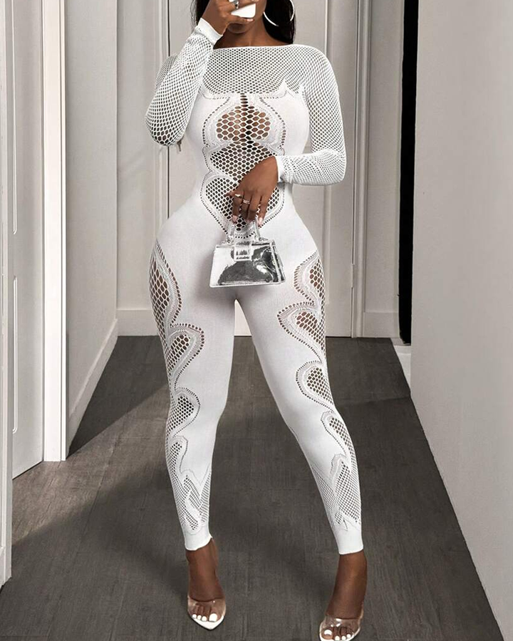 Lace mesh hollow-out high-stretch sheer jumpsuit