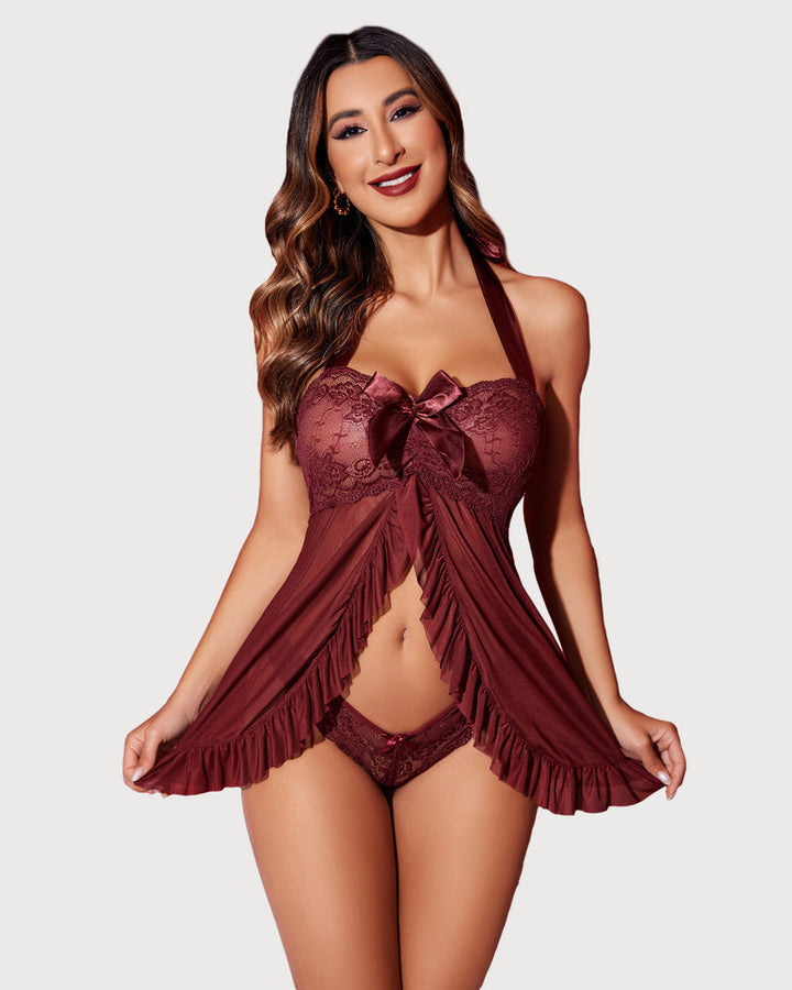 Lace Babydoll Open Front Halter Nighty