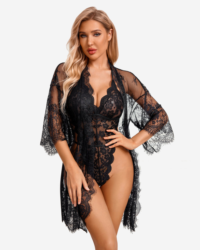 Black lace robe and teddy set with deep V teddy and sheer kimono-style sleeves