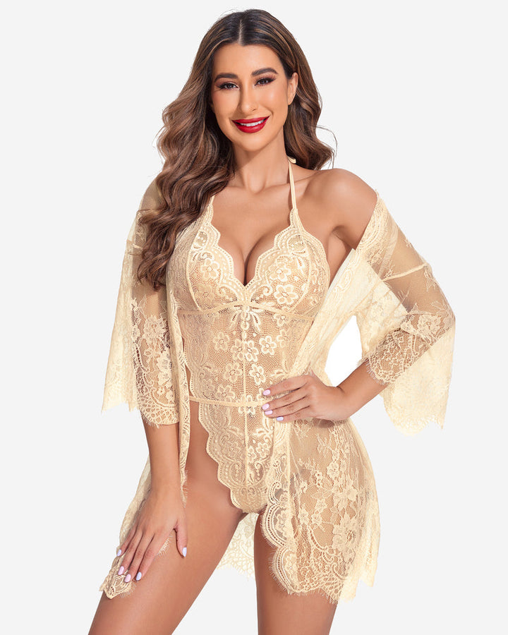 Cream lace teddy with open-front robe overlay, V-neck cups and lace trim