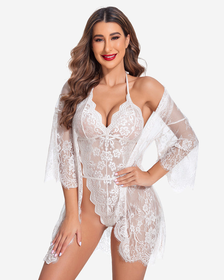 White lace teddy with sheer robe, lace appliques and scalloped cuffs