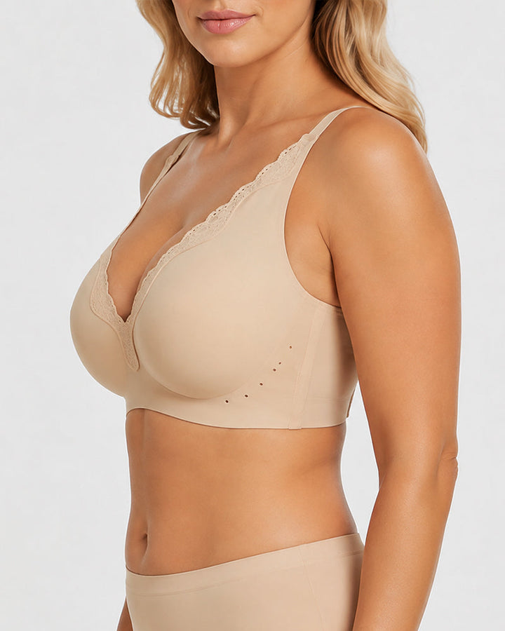 Plus Size Deep V Seamless Lace Trim Comfortable Push Up Bra