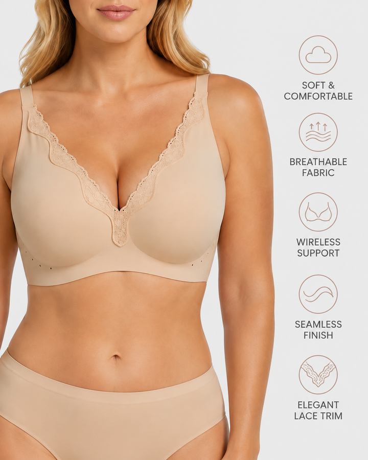 Plus Size Deep V Seamless Lace Trim Comfortable Push Up Bra