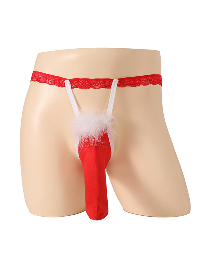 Men's Red Lace Waistband Thong with White Feather Trim
