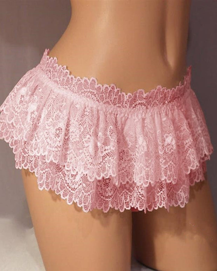 Ruffled Lace Open-Back Thong Panty with Bow Detail