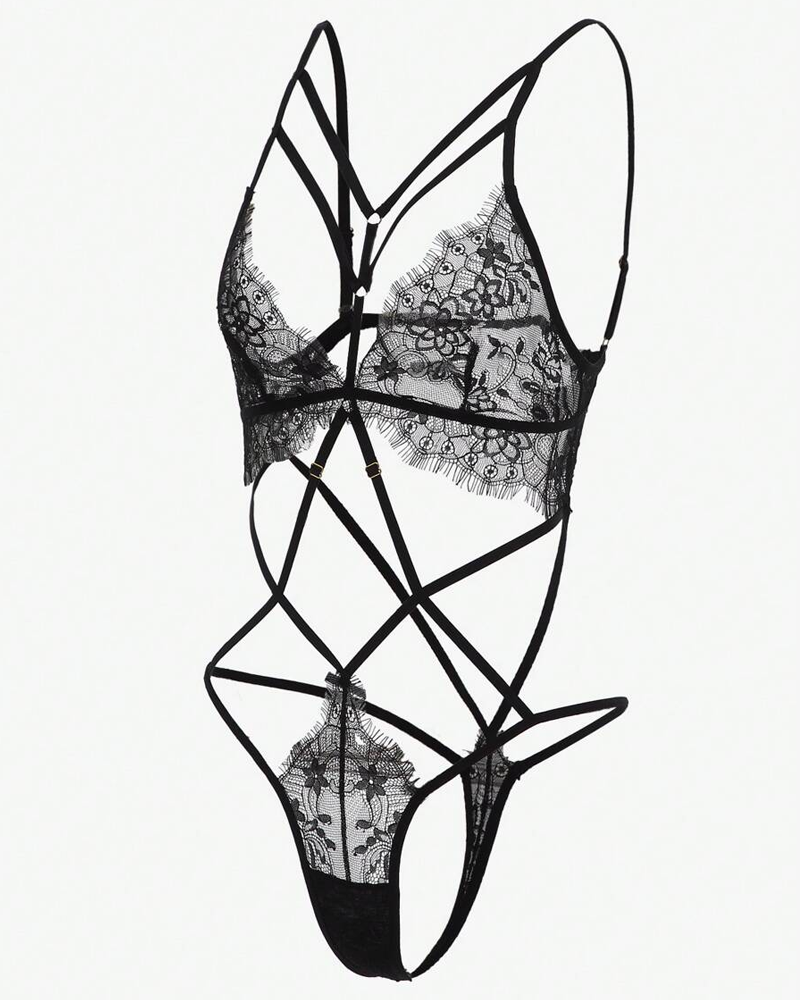 Sexy Floral Lace Crisscross Strappy Cutout Thong Bodysuit