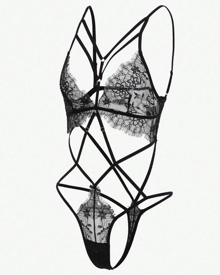 Sexy Floral Lace Crisscross Strappy Cutout Thong Bodysuit