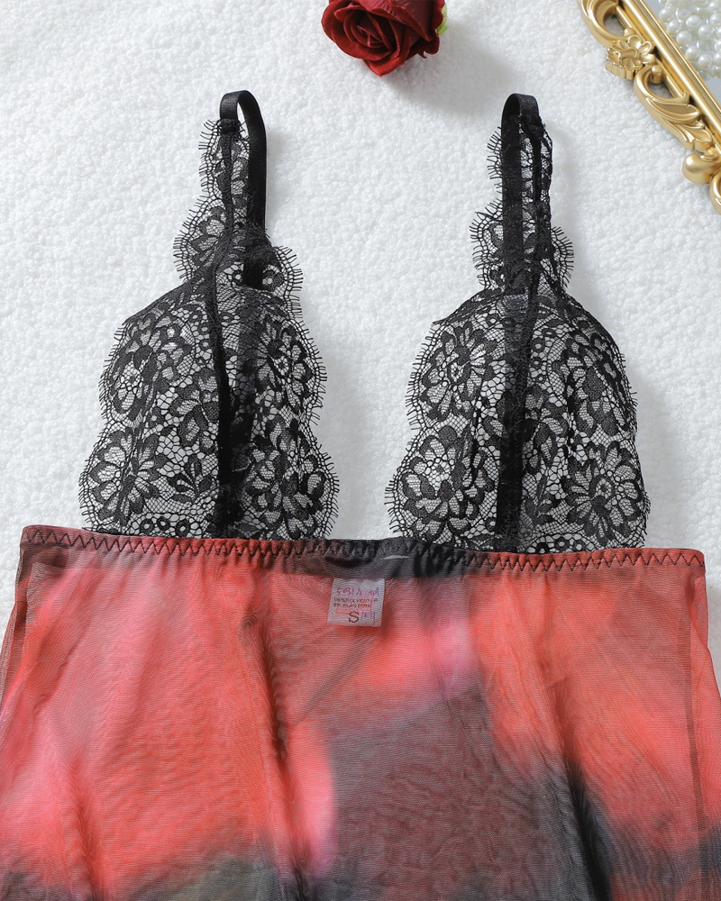 Floral Sheer Mesh Lace Maxi Lingerie Set