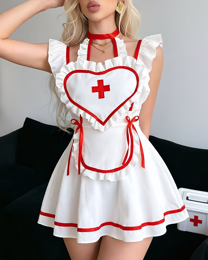 Nurse Costume Ruffle Mini Dress with Heart Apron