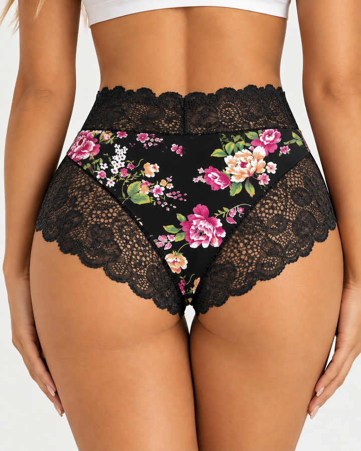 3-Pack High Waist Floral Print Lace Trim Panties