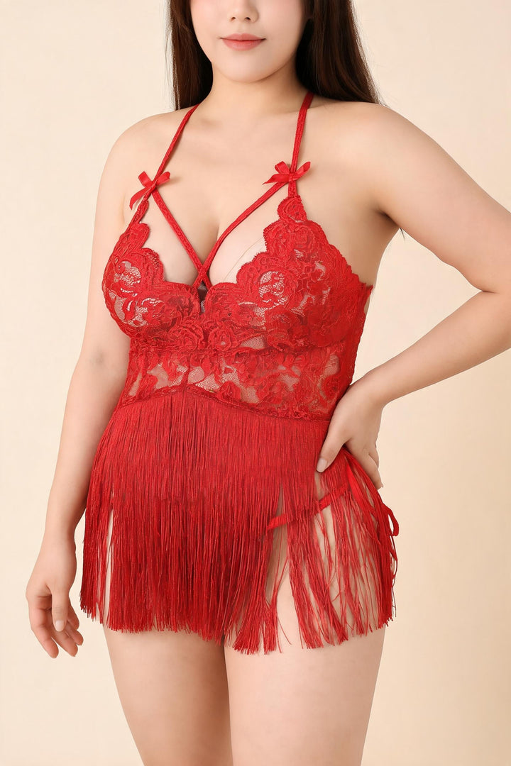 Plus Size Lace Babydoll Lingerie Halter Fringe Chemise with Bows