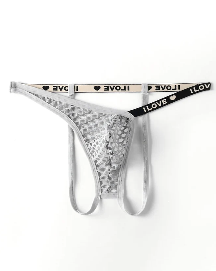 Men's Fishnet Thong with I LOVE Heart Print Waistband