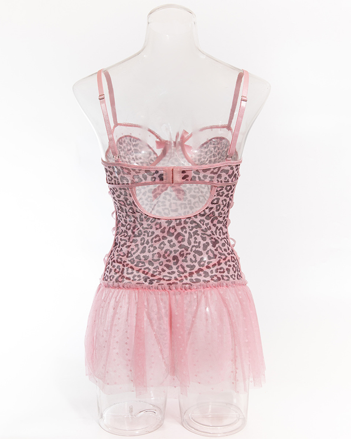 Sexy Leopard Print Lace-Up Bustier Lingerie Dress with Thong