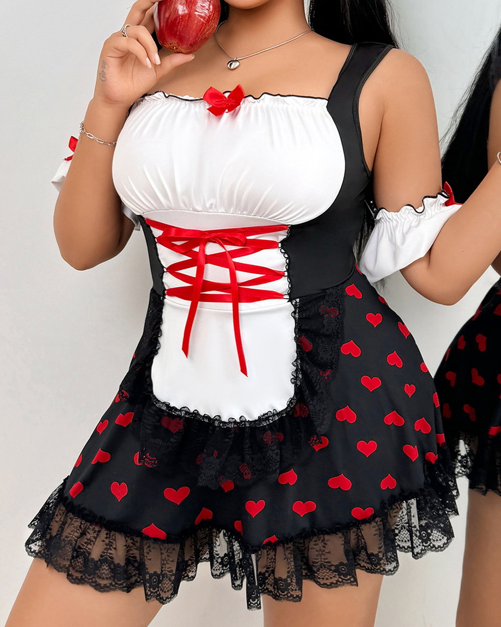 Heart Print Maid-Inspired Mini Dress with Lace Ruffles and Ribbon Lace-Up Detail