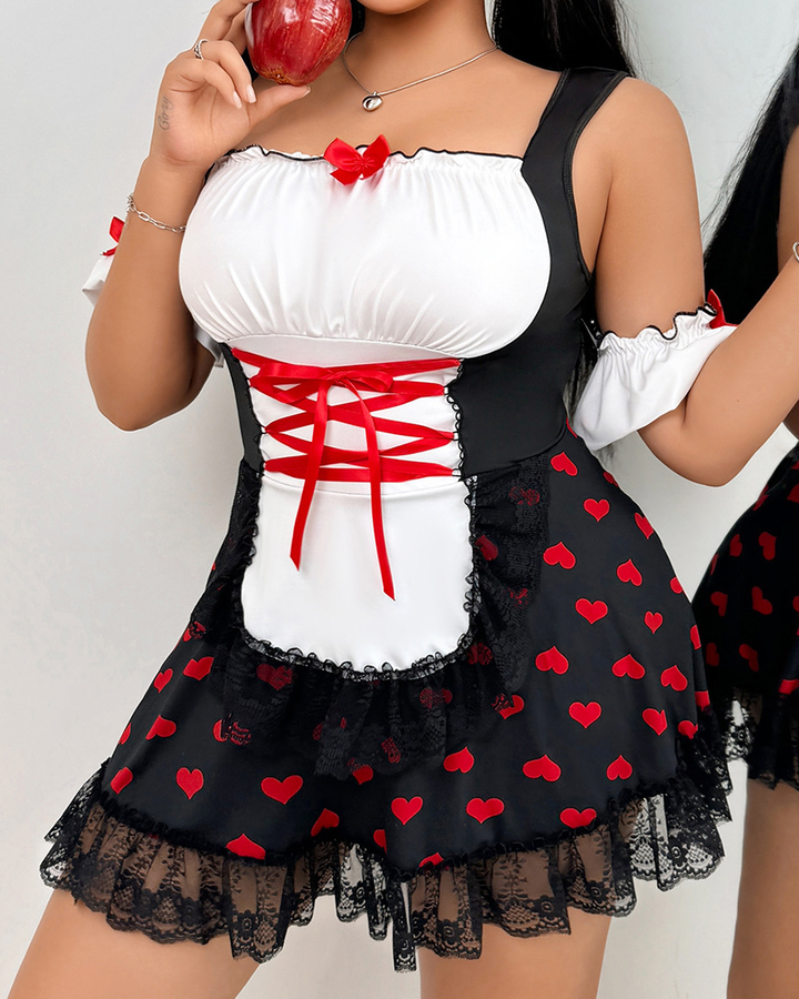 Heart Print Maid-Inspired Mini Dress with Lace Ruffles and Ribbon Lace-Up Detail