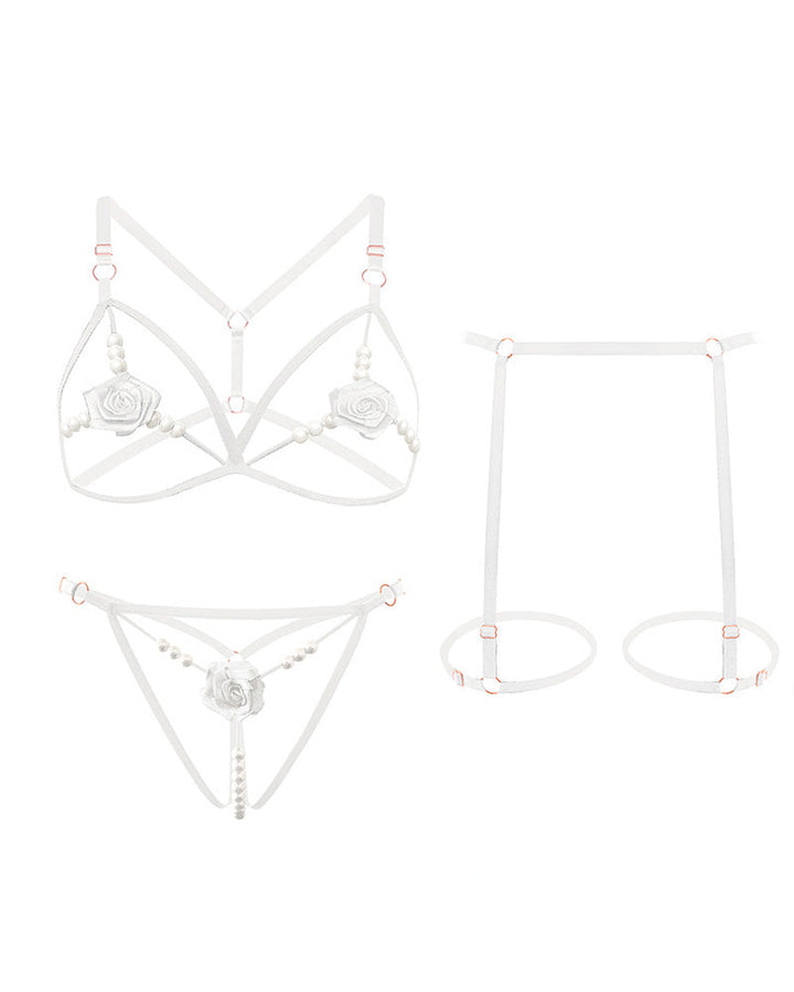 Sexy Rose Beaded Hollow-Out Three-Piece Lingerie Set