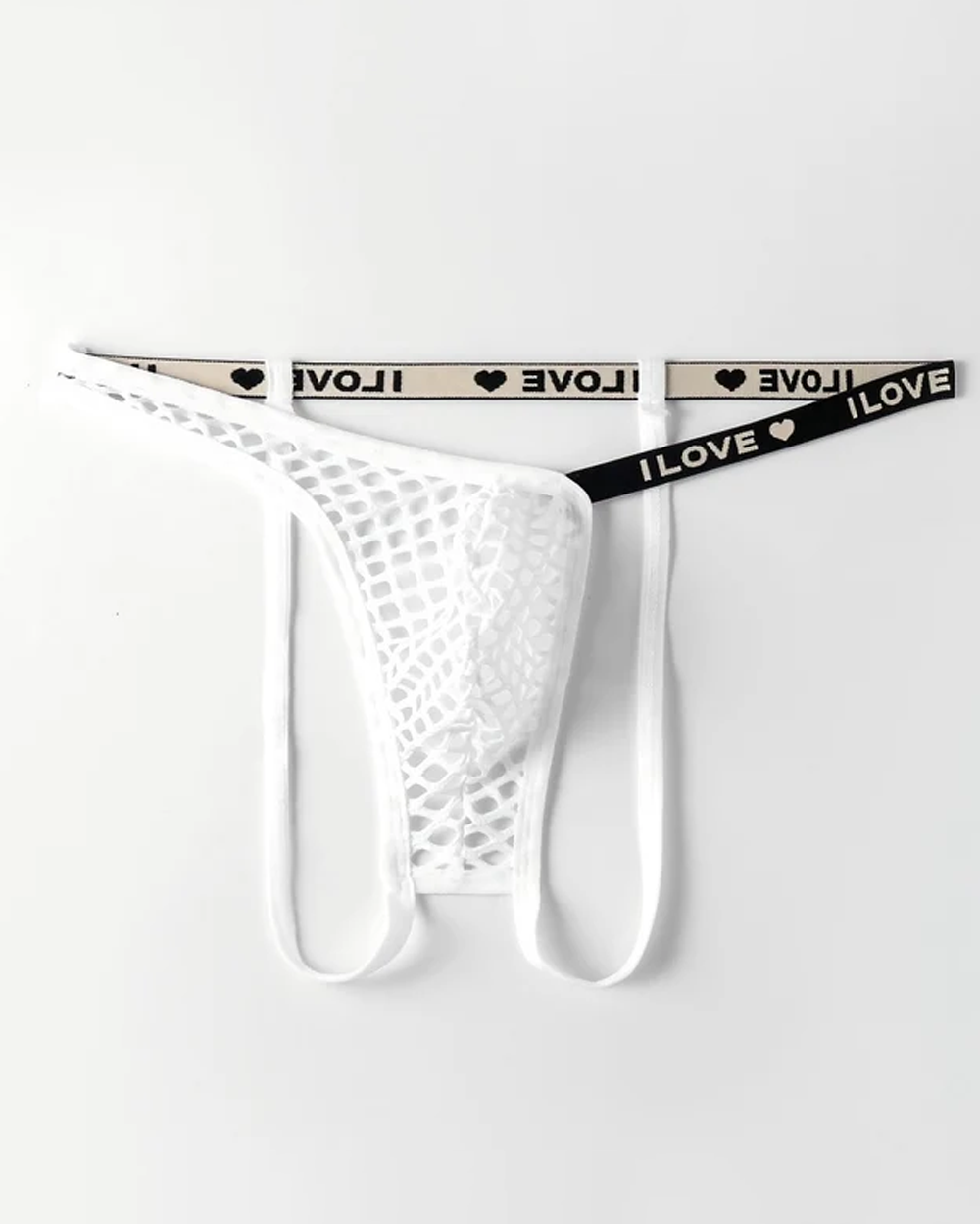 Men's Fishnet Thong with I LOVE Heart Print Waistband