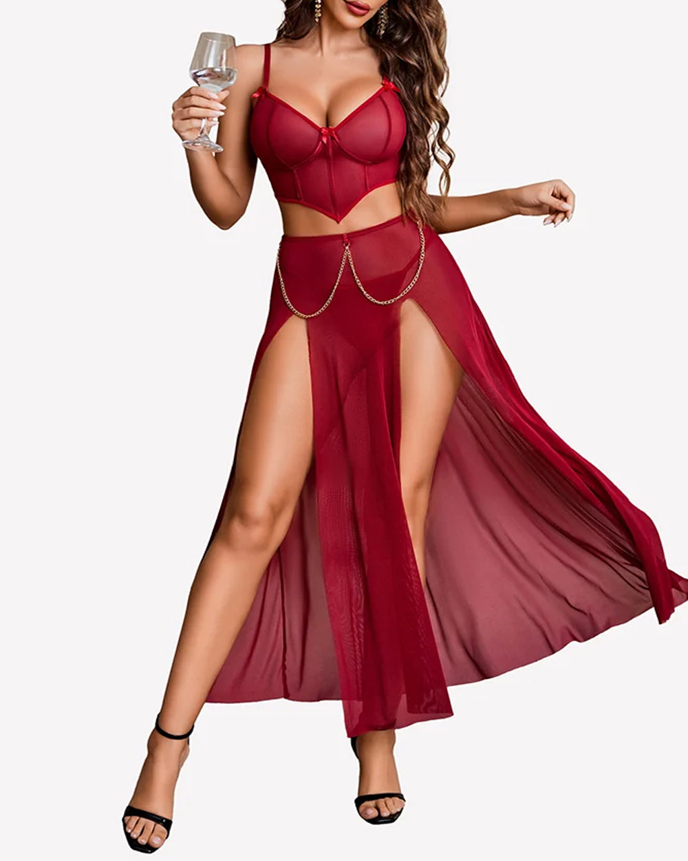 Sheer Mesh Bustier Top & High Slit Maxi Skirt Lingerie Set