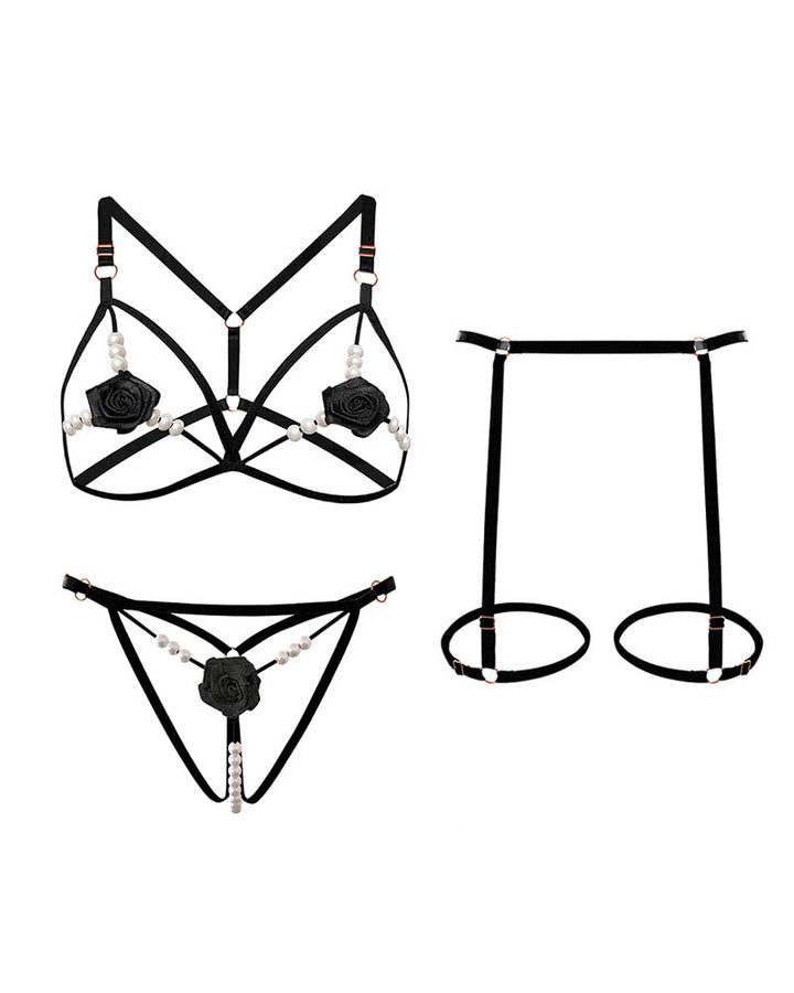 Sexy Rose Beaded Hollow-Out Three-Piece Lingerie Set