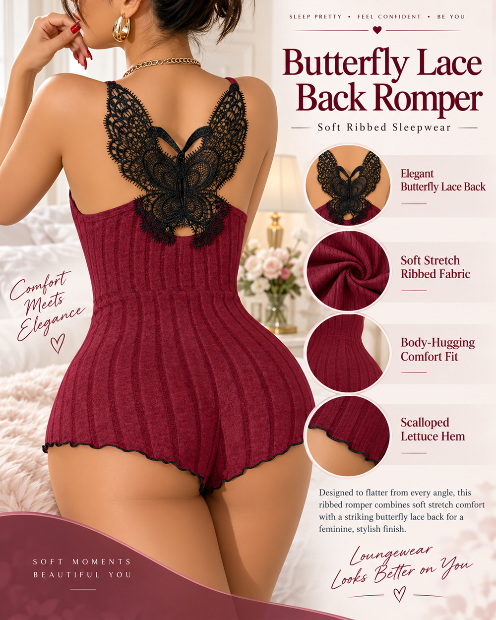 Sexy Butterfly Lace Back Ribbed Cami Romper