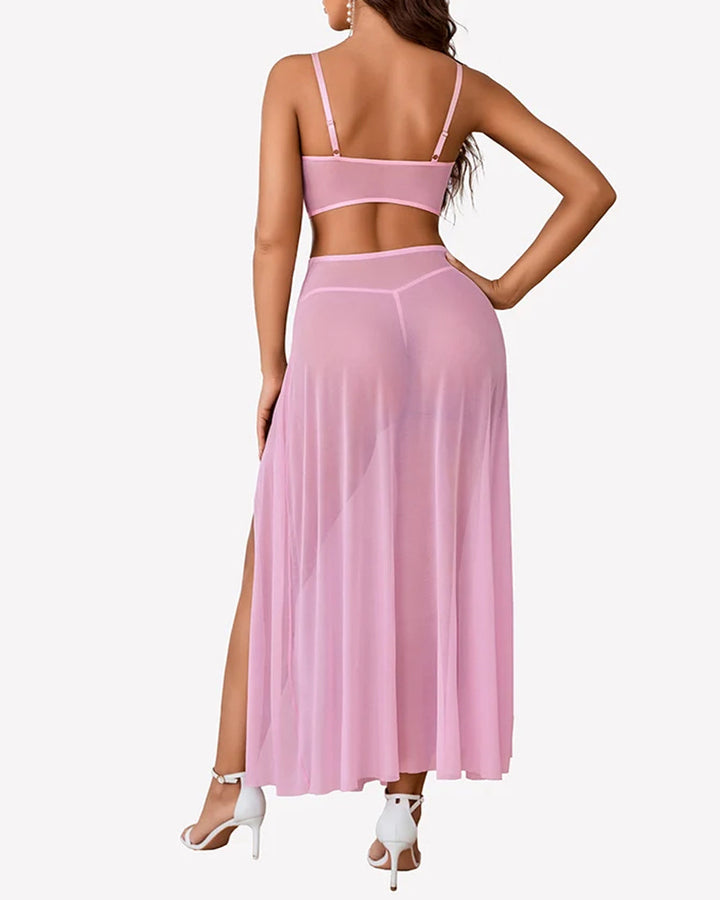 Sheer Mesh Bustier Top & High Slit Maxi Skirt Lingerie Set