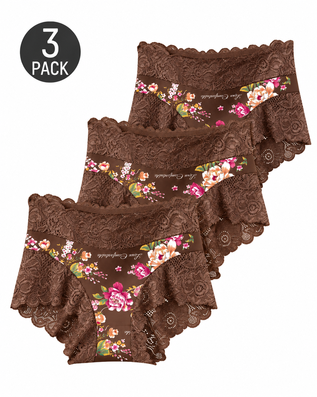 3-Pack High Waist Floral Print Lace Trim Panties